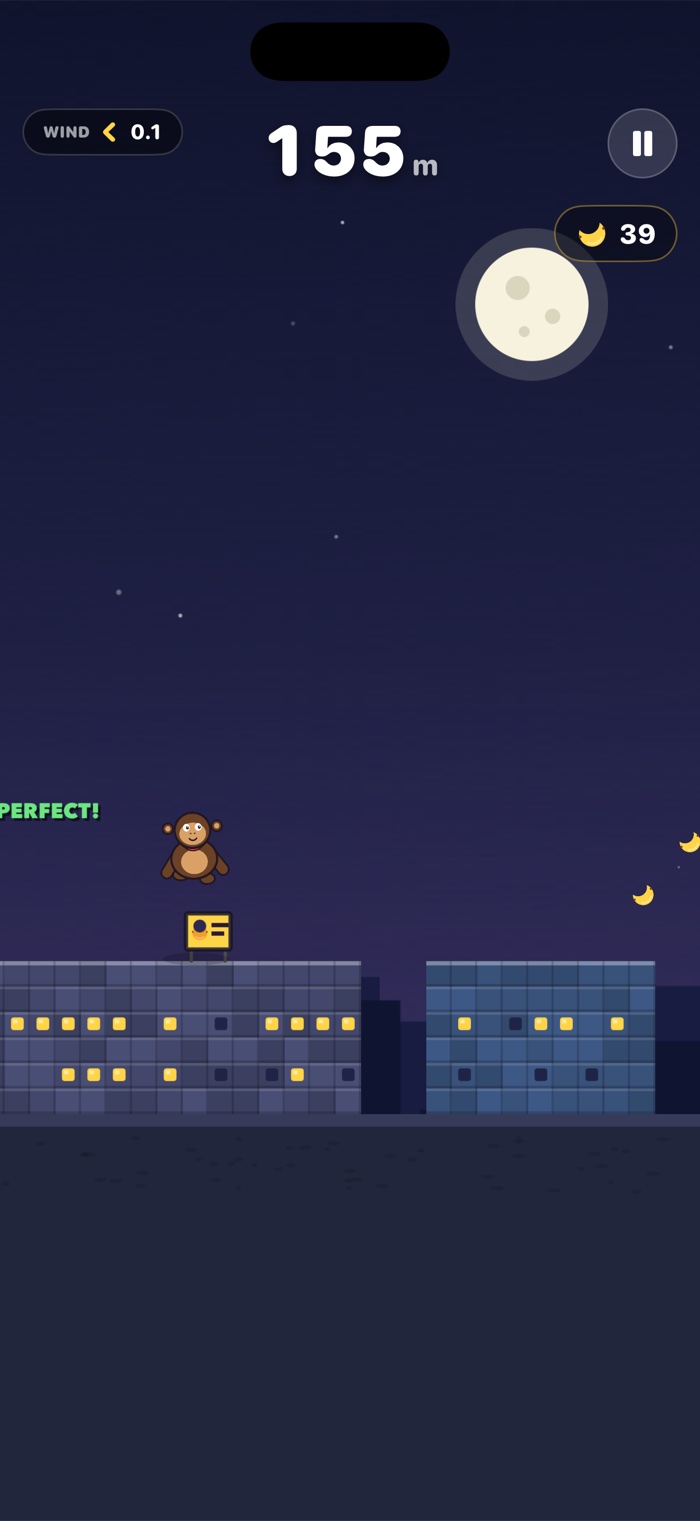 Kong Jr. mid-jump between two Downtown rooftops at night, the wind gauge reading a light tailwind