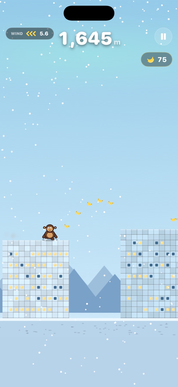 A target ring blinking on a snowy Frozen Peaks rooftop as a banana falls toward it