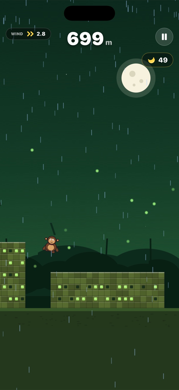 The Jungle Jamboree world with rain leaning in the wind and a banana string arcing over a gap