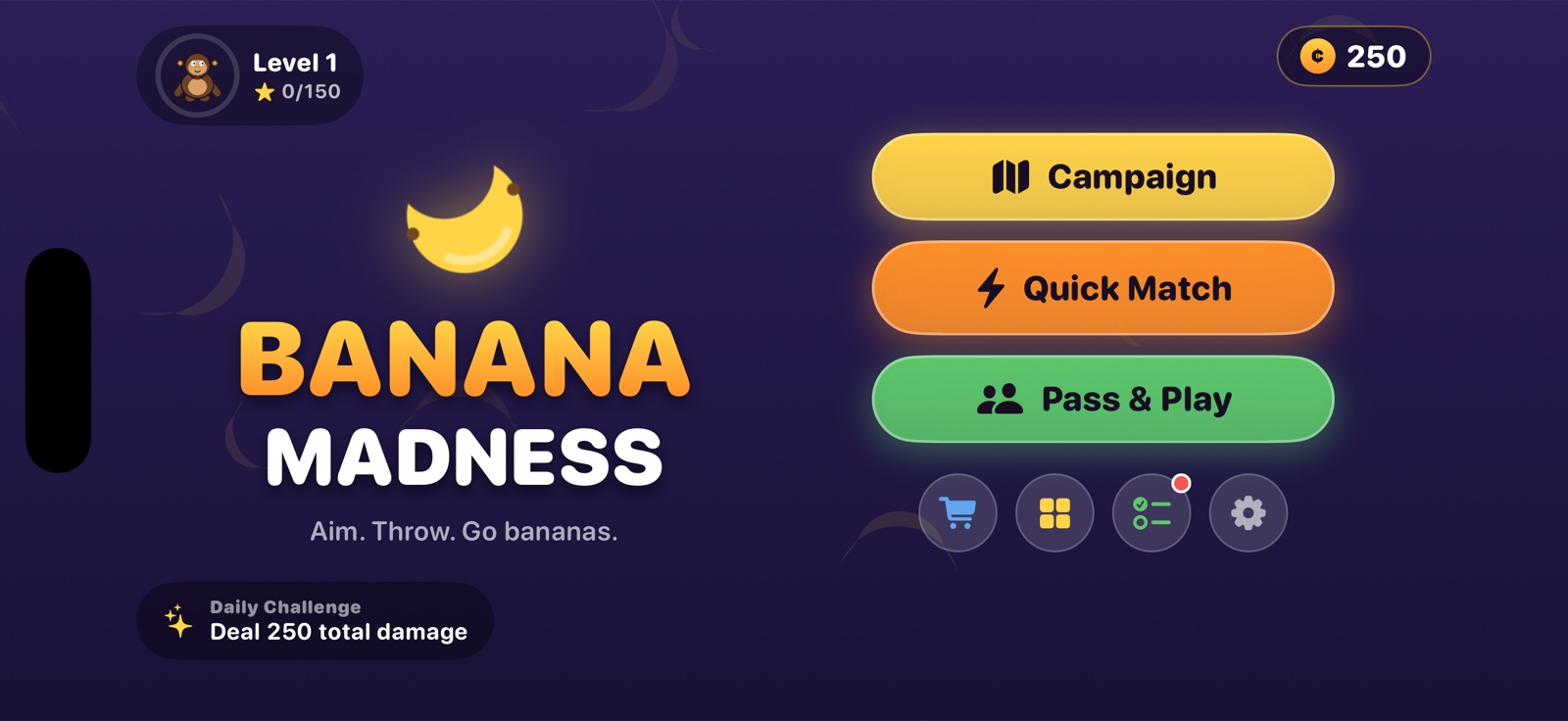 The Banana Madness main menu with campaign, quick match and pass-and-play modes