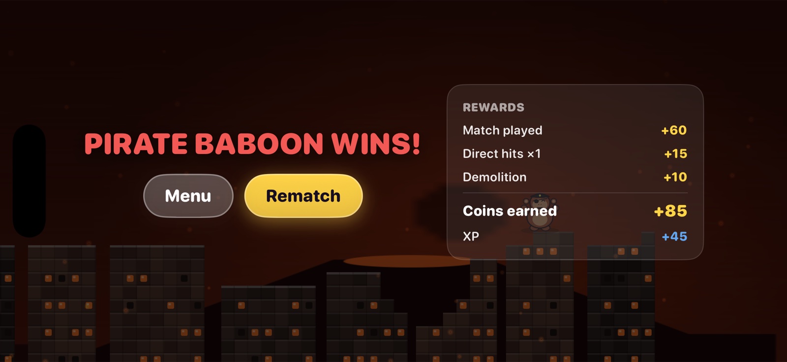 Victory screen tallying coins and XP after a match