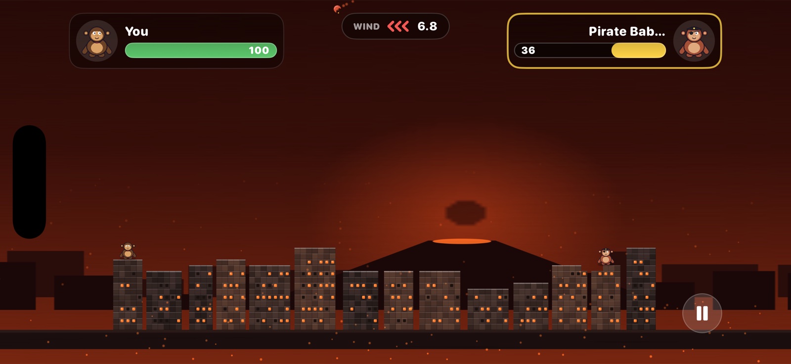 A banana arcs high over Volcanic Fury while embers rise past a glowing crater